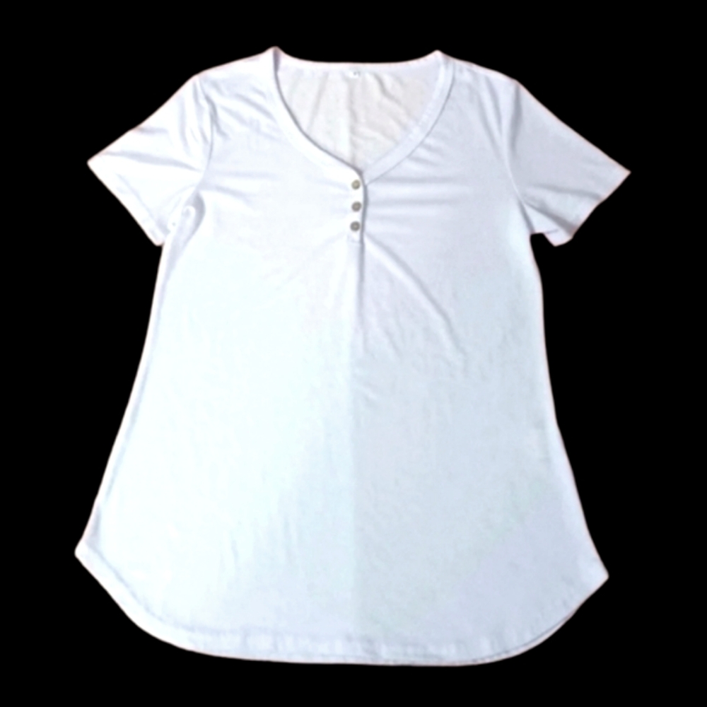 White Short Sleeve Top Soft, Lightweight T-shirt 3 Button V-neck Small